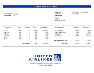 USA United Airlines Holdings airlines company pay stub Word and PDF template