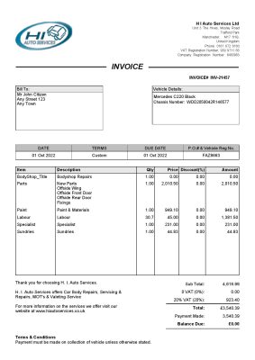 United Kingdom H I Auto Services Ltd invoice Word and PDF template, fully editable