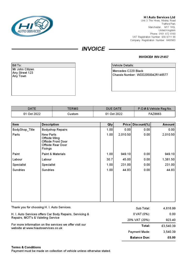 United Kingdom H I Auto Services Ltd invoice Word and PDF template, fully editable