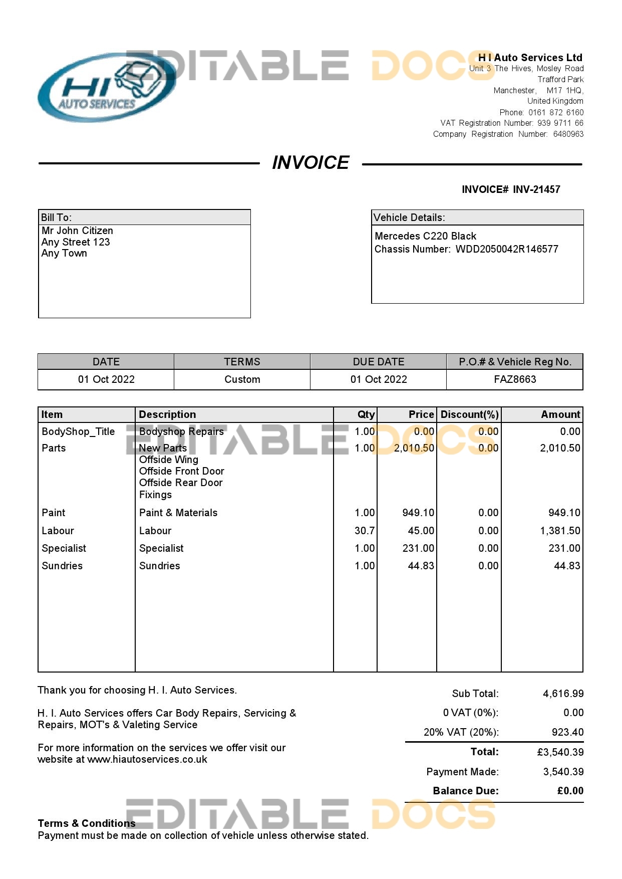 United Kingdom H I Auto Services Ltd invoice Word and PDF template, fully editable