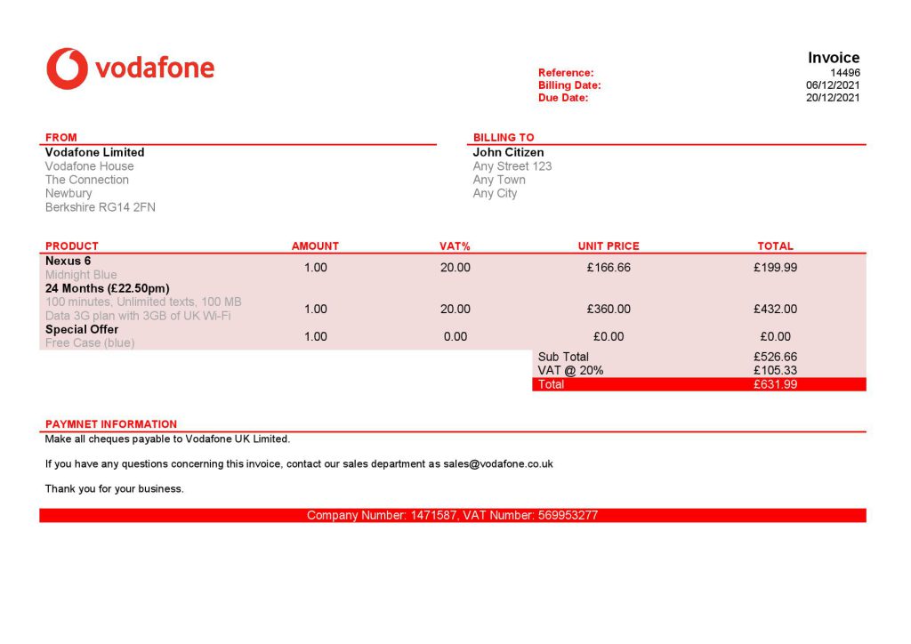 USA Vodafone invoice template in Word and PDF format, fully editable