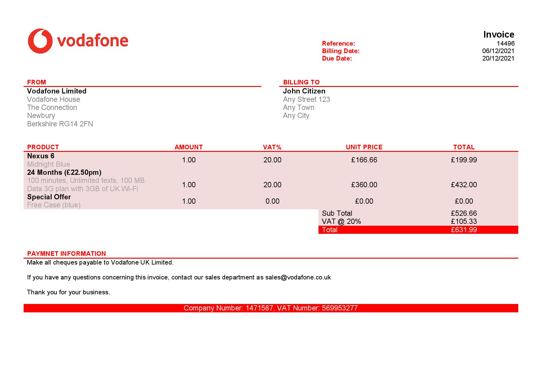 USA Vodafone invoice template in Word and PDF format, fully editable