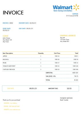 USA Walmart invoice template in Word and PDF format, fully editable