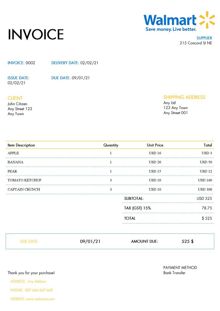 USA Walmart invoice template in Word and PDF format, fully editable