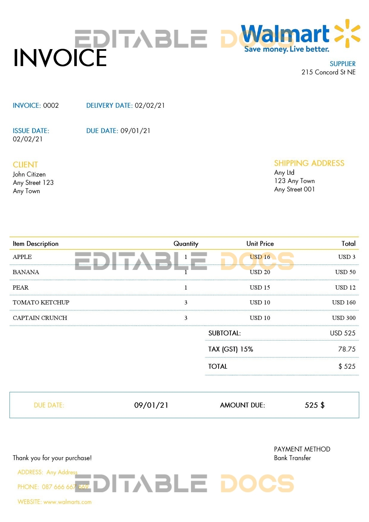 USA Walmart invoice template in Word and PDF format, fully editable