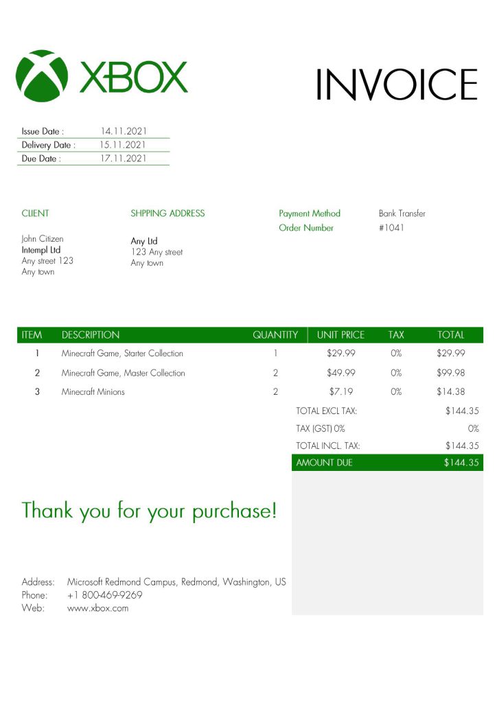 USA Xbox invoice template in Word and PDF format, fully editable