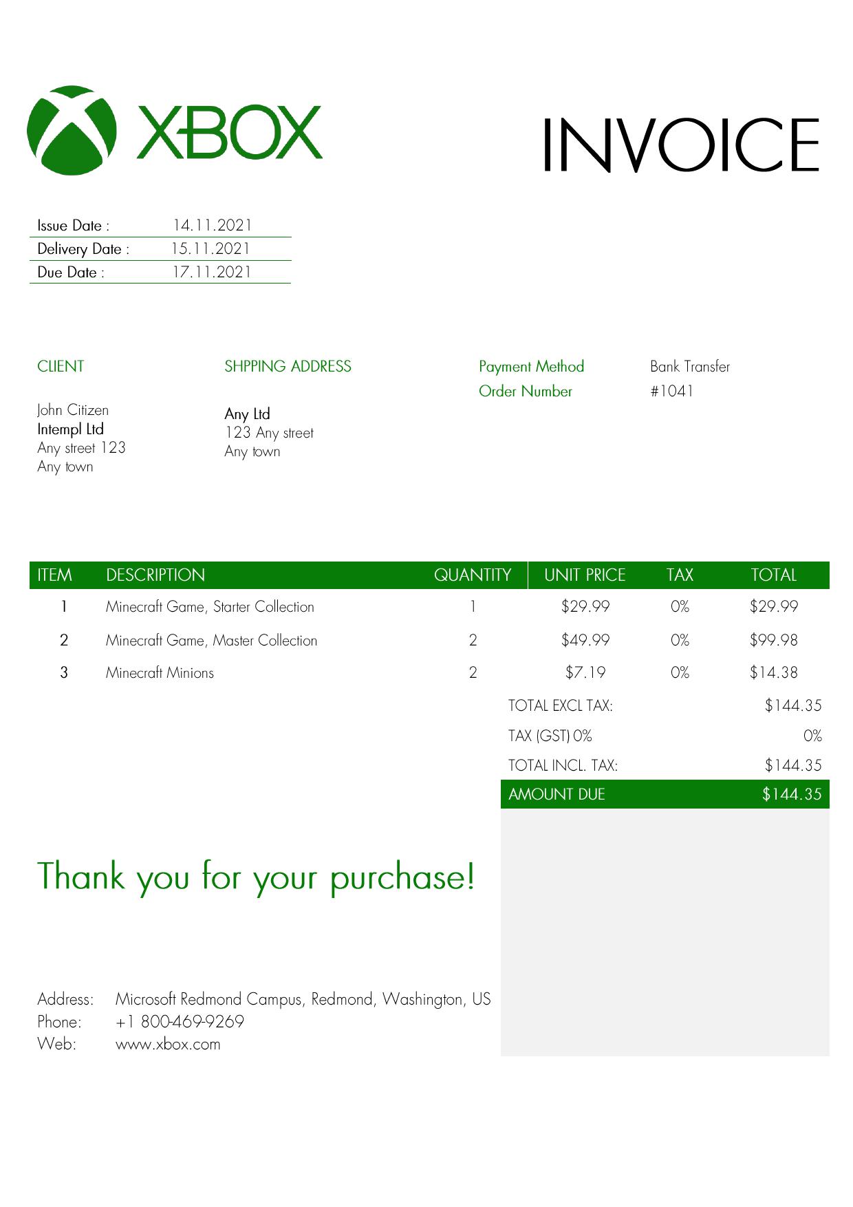 USA Xbox invoice template in Word and PDF format, fully editable