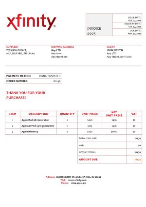USA Xfinity invoice template in Word and PDF format, fully editable
