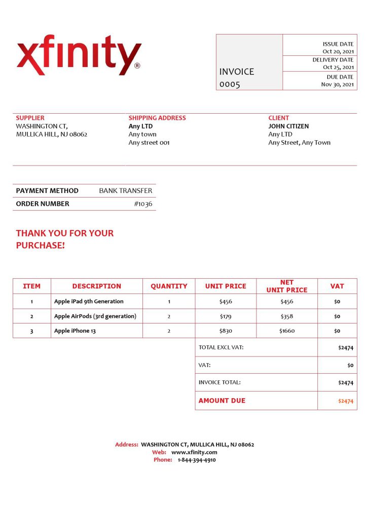 USA Xfinity invoice template in Word and PDF format, fully editable
