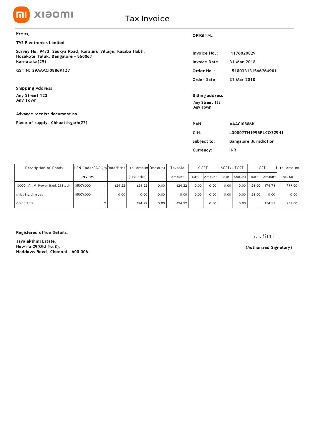 USA Xiaomi invoice template in Word and PDF (.doc and .pdf) format