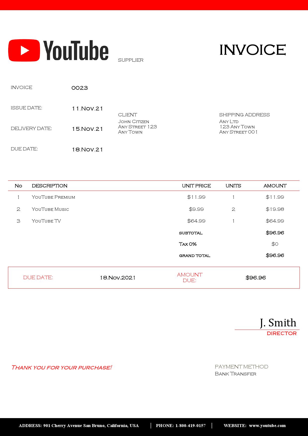 USA Youtube invoice template in Word and PDF format, fully editable