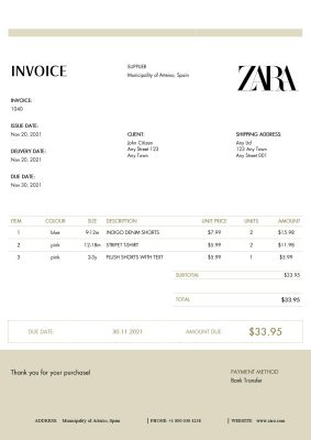 USA ZARA invoice template in Word and PDF (.doc and .pdf) format
