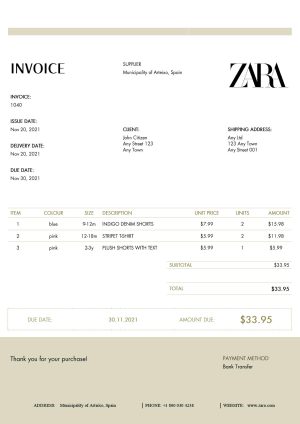 USA ZARA invoice template in Word and PDF (.doc and .pdf) format