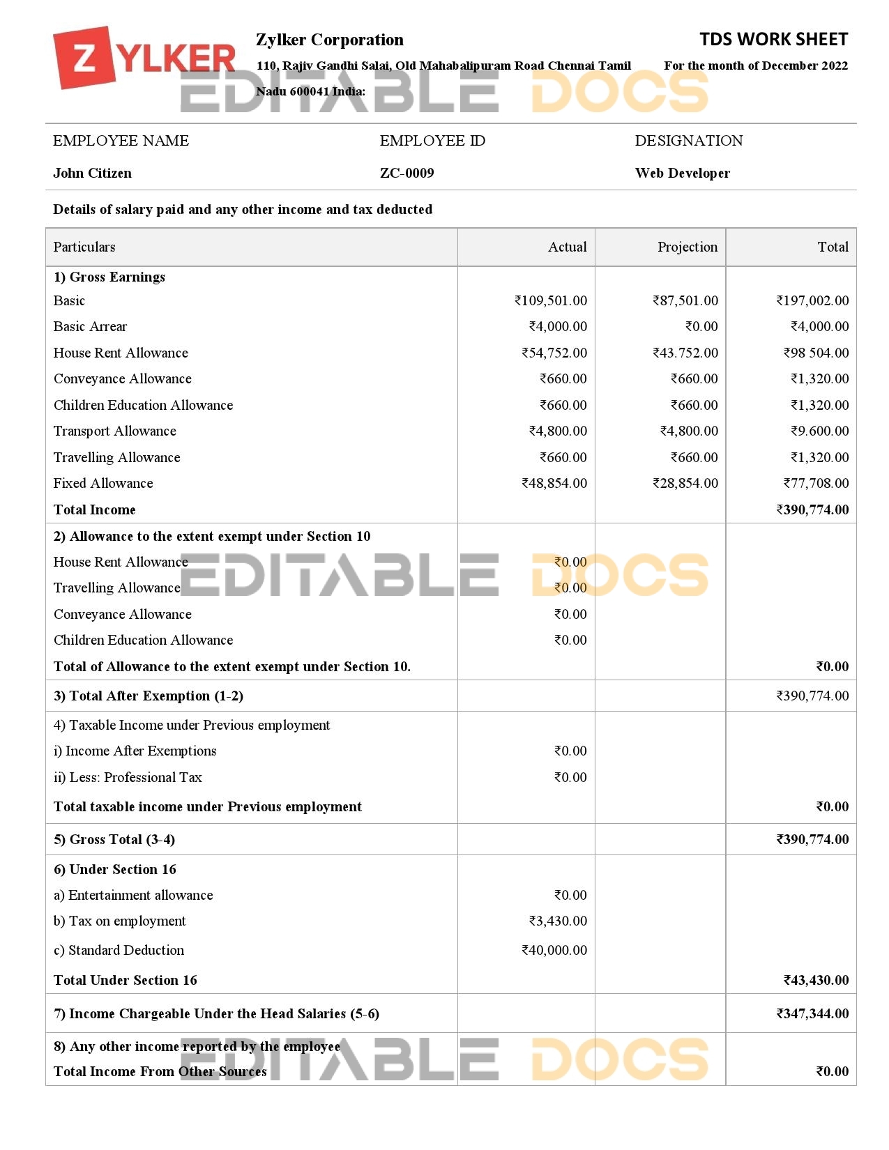 India Zylker Corporation software company pay stub Word and PDF template