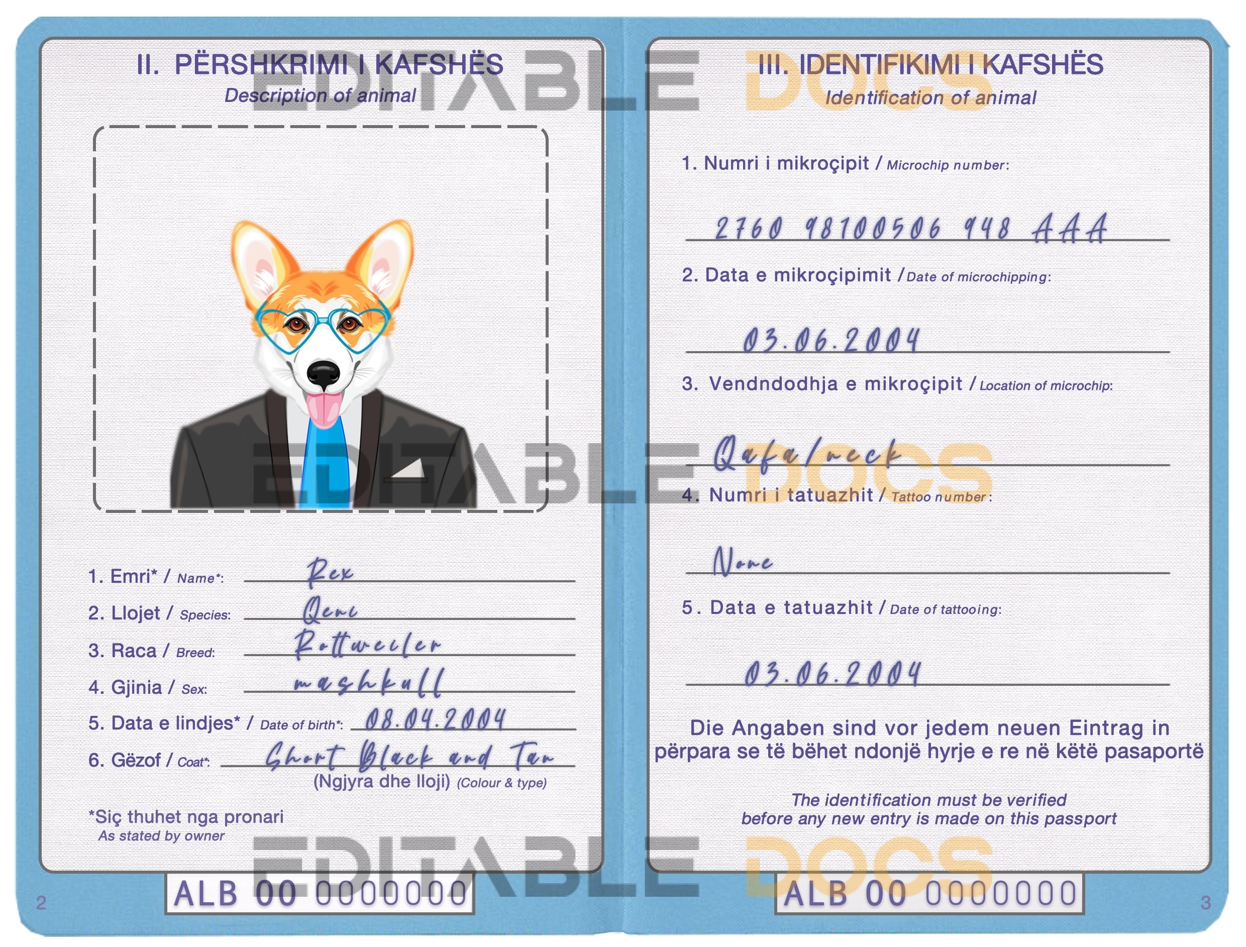 Albania dog Fake PSD Passport | Instant Download