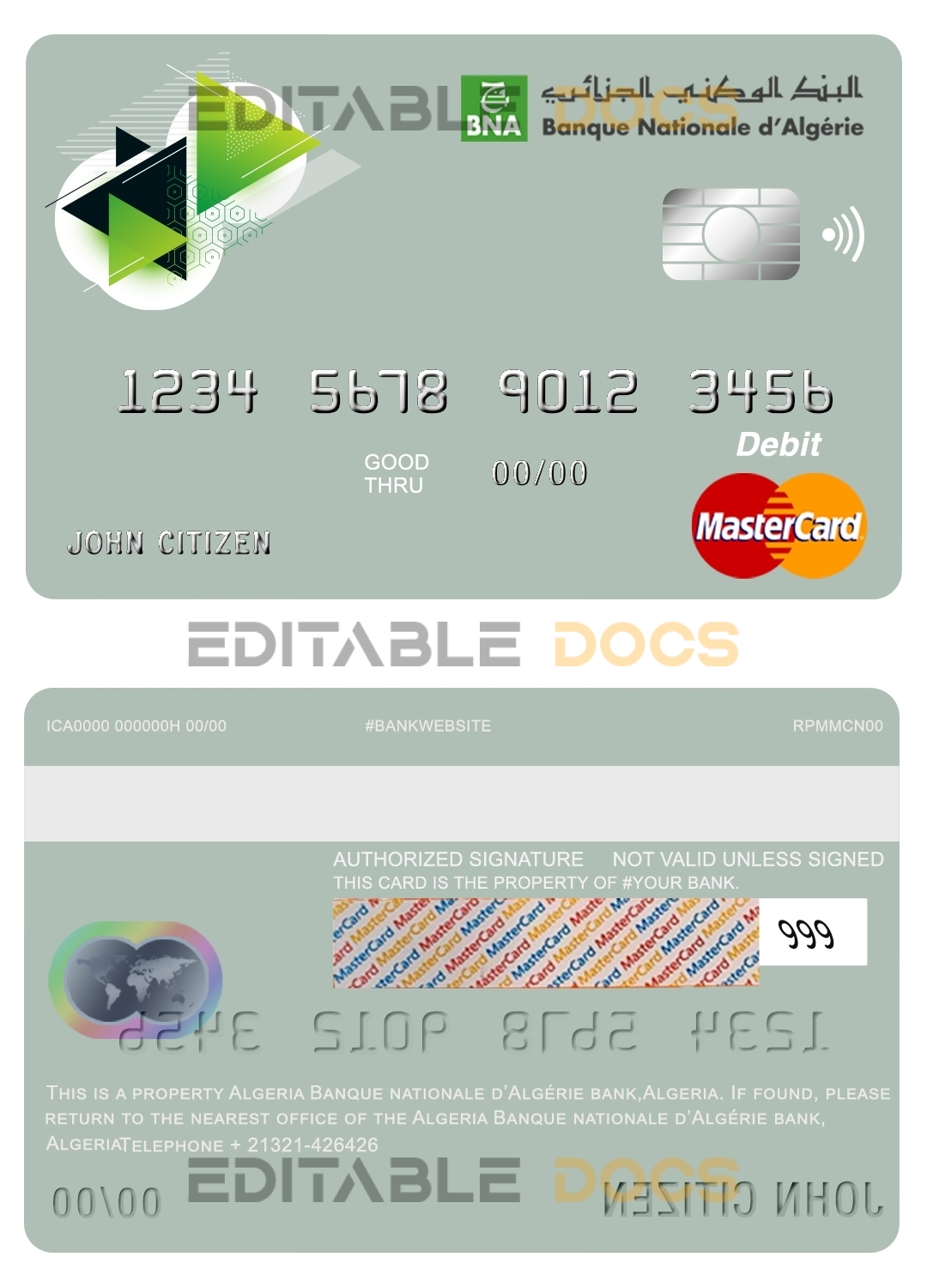 Editable Algeria Banque nationale d’Algérie (BNA) bank mastercard debit card Templates in PSD Format