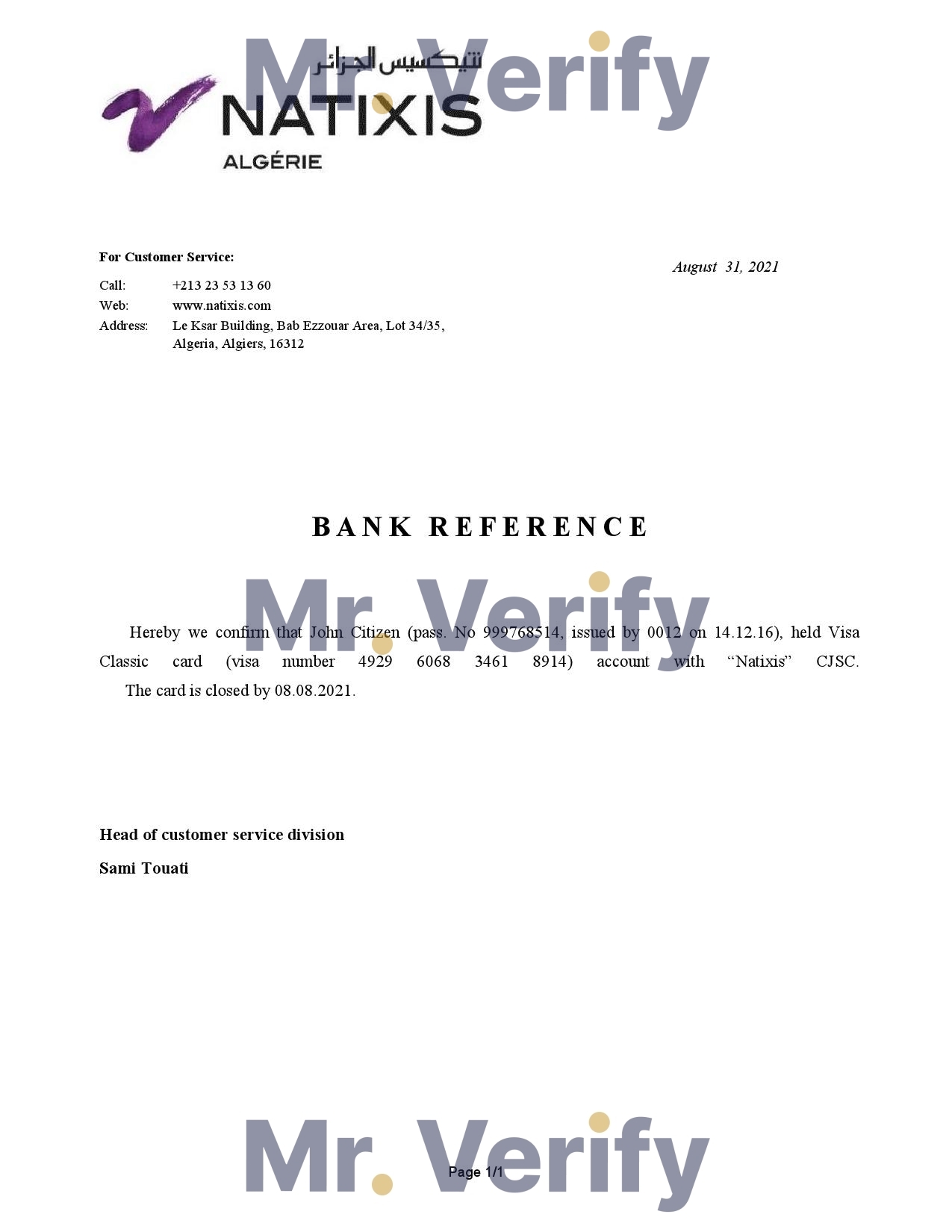 Download Algeria Natixis Algerie Bank Reference Letter Templates | Editable Word