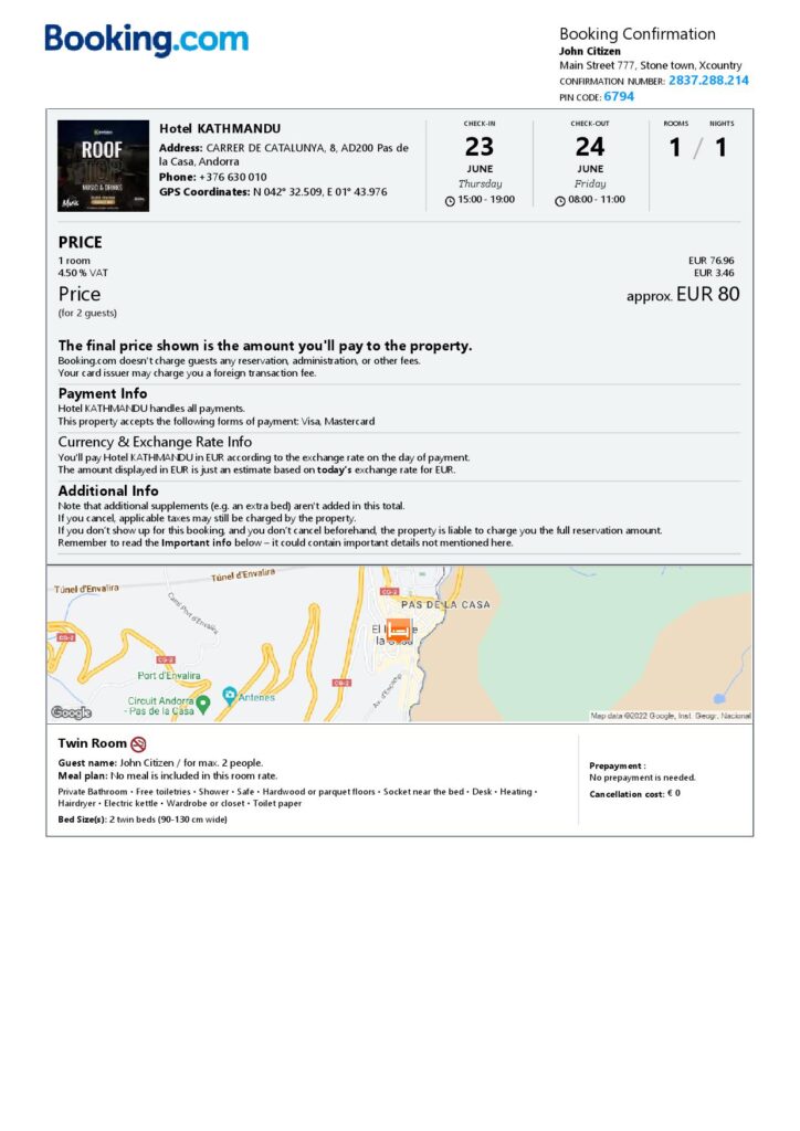 Editable Andorra Hotel Booking Form Template | Fillable PDF