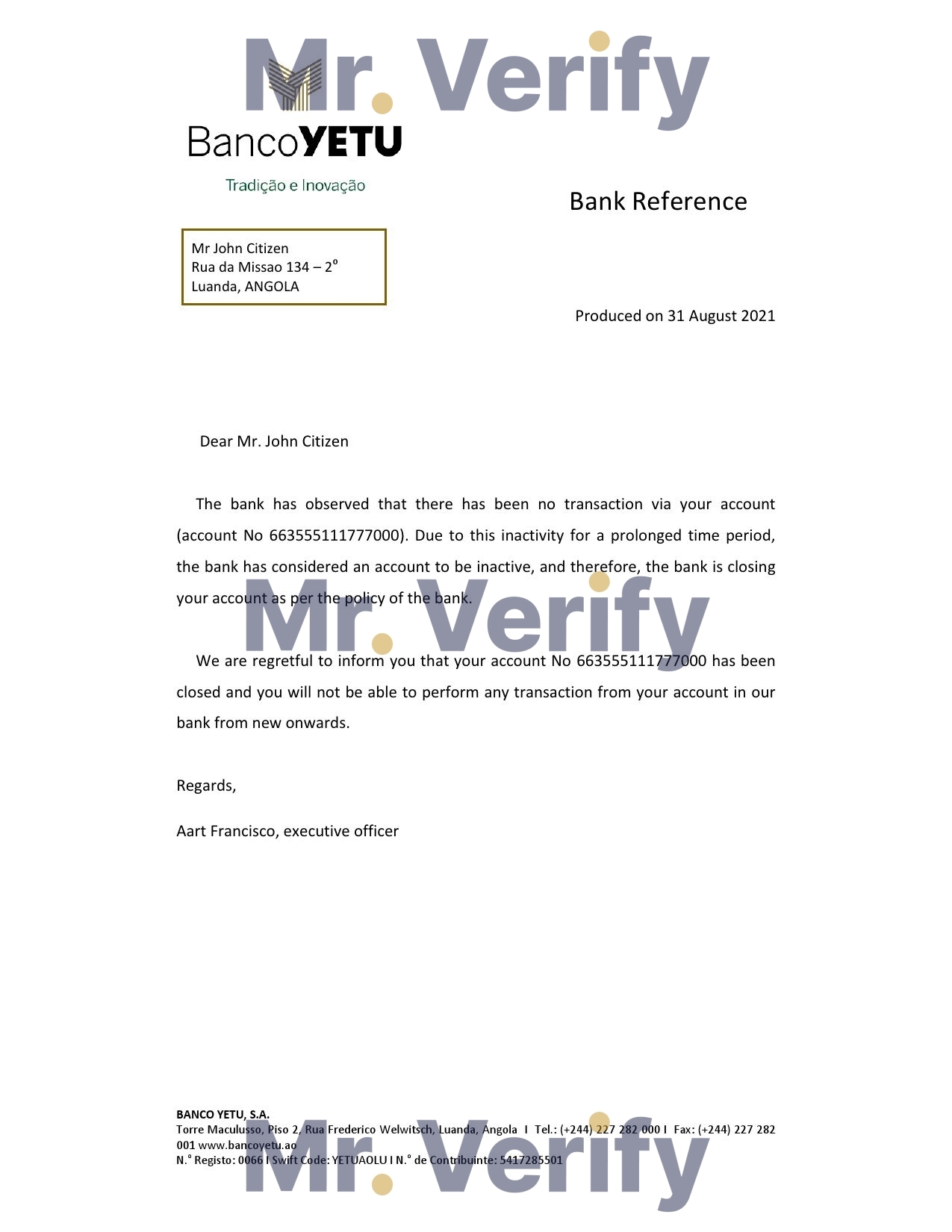 Download Angola Banco Yetu Bank Reference Letter Templates | Editable Word