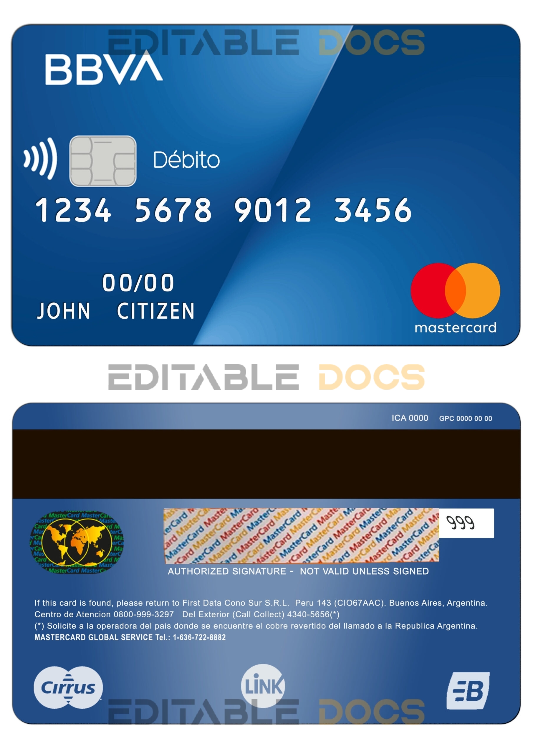 Editable Argentina BBVA bank MasterCard debit card Templates in PSD Format