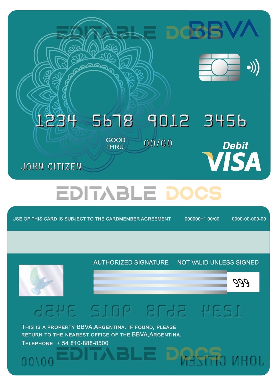 Editable Argentina BBVA bank visa debit card Templates in PSD Format
