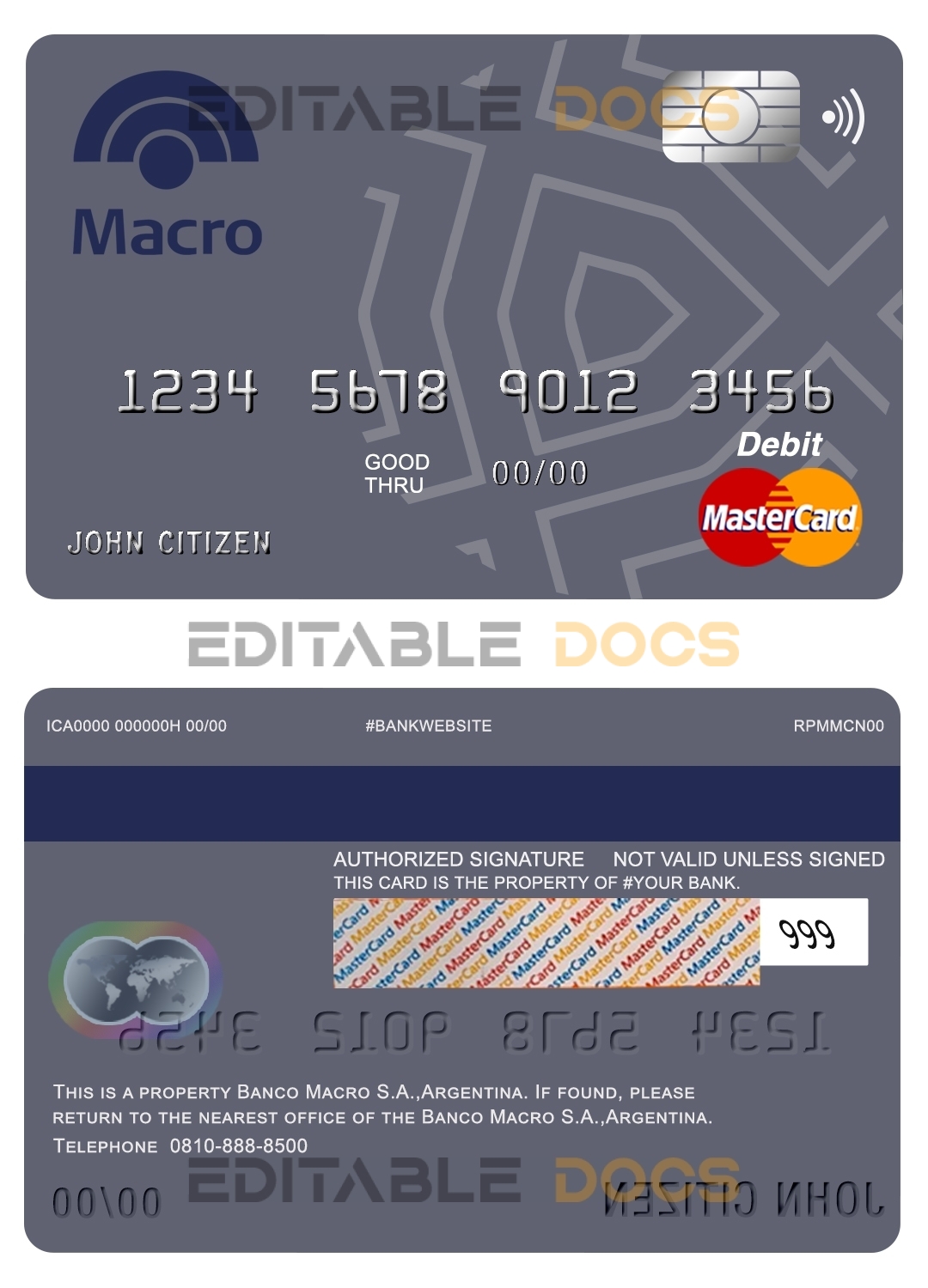 Editable Argentina Banco Macro S.A. bank mastercard debit card Templates in PSD Format