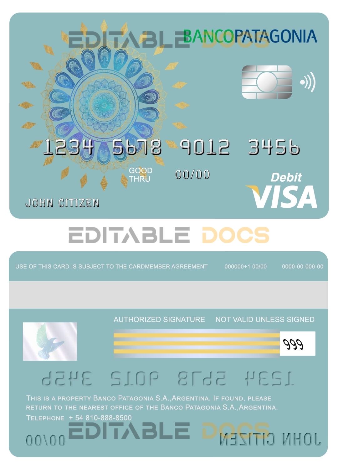 Editable Argentina Banco Patagonia bank visa card debit card Templates in PSD Format