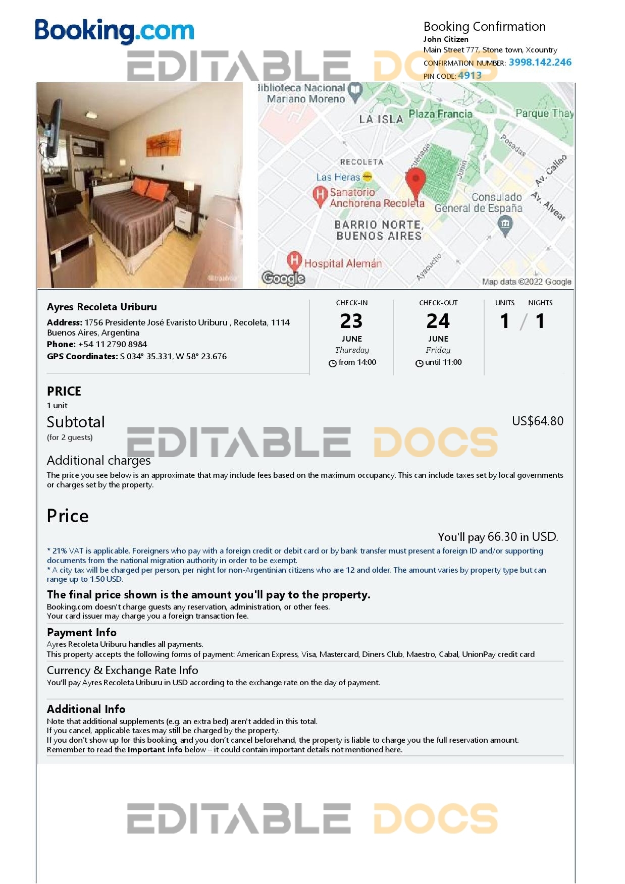 Customizable Argentina Airbnb Reservation Template | Word & PDF Formats