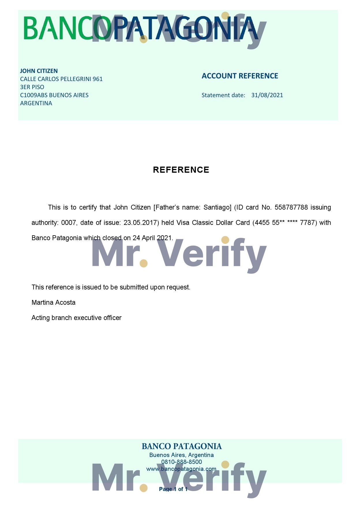 Download Argentina Banco Patagonia Bank Reference Letter Templates | Editable Word
