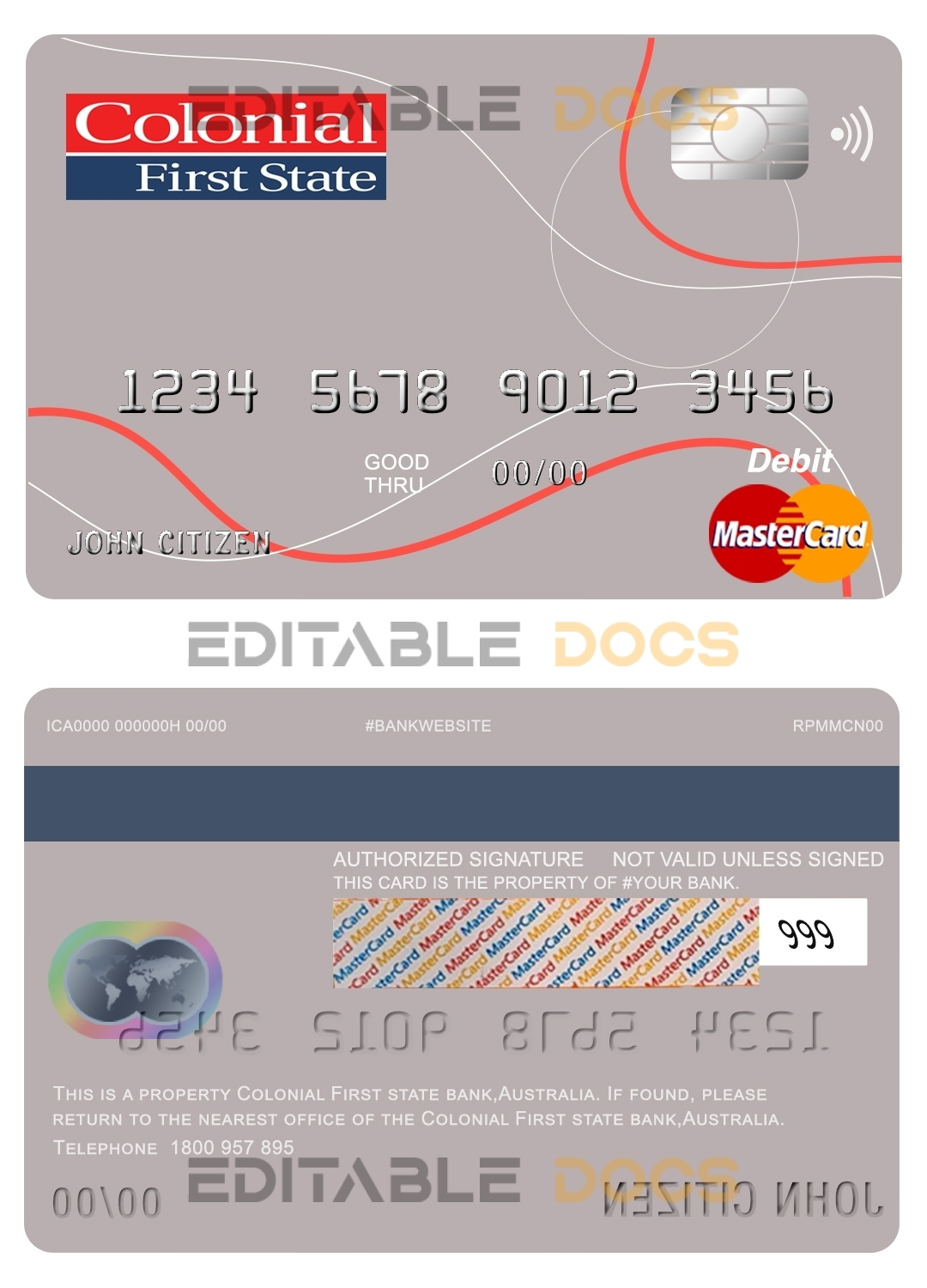 Editable Australia Colonial First State Bank mastercard debit card Templates in PSD Format