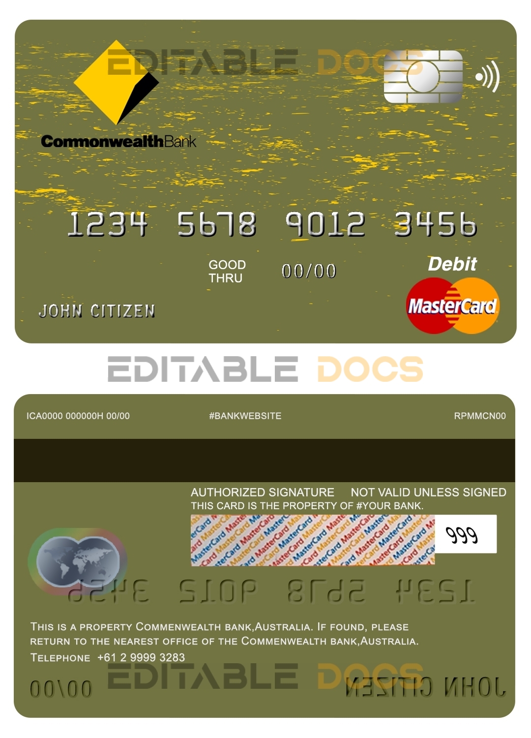 Fillable Australia Commonwealth Account Bank mastercard debit card Templates | Layer-Based PSD