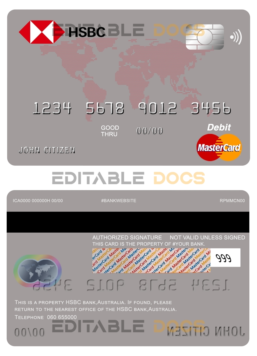 Editable Australia HSBC bank mastercard debit card Templates in PSD Format