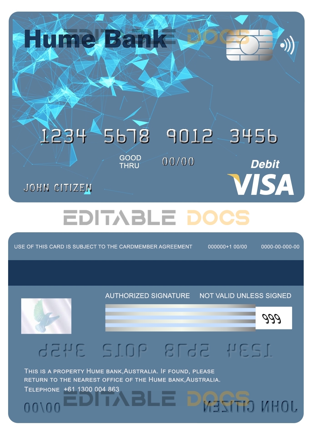 Editable Australia Humebank bank visa card debit card Templates in PSD Format