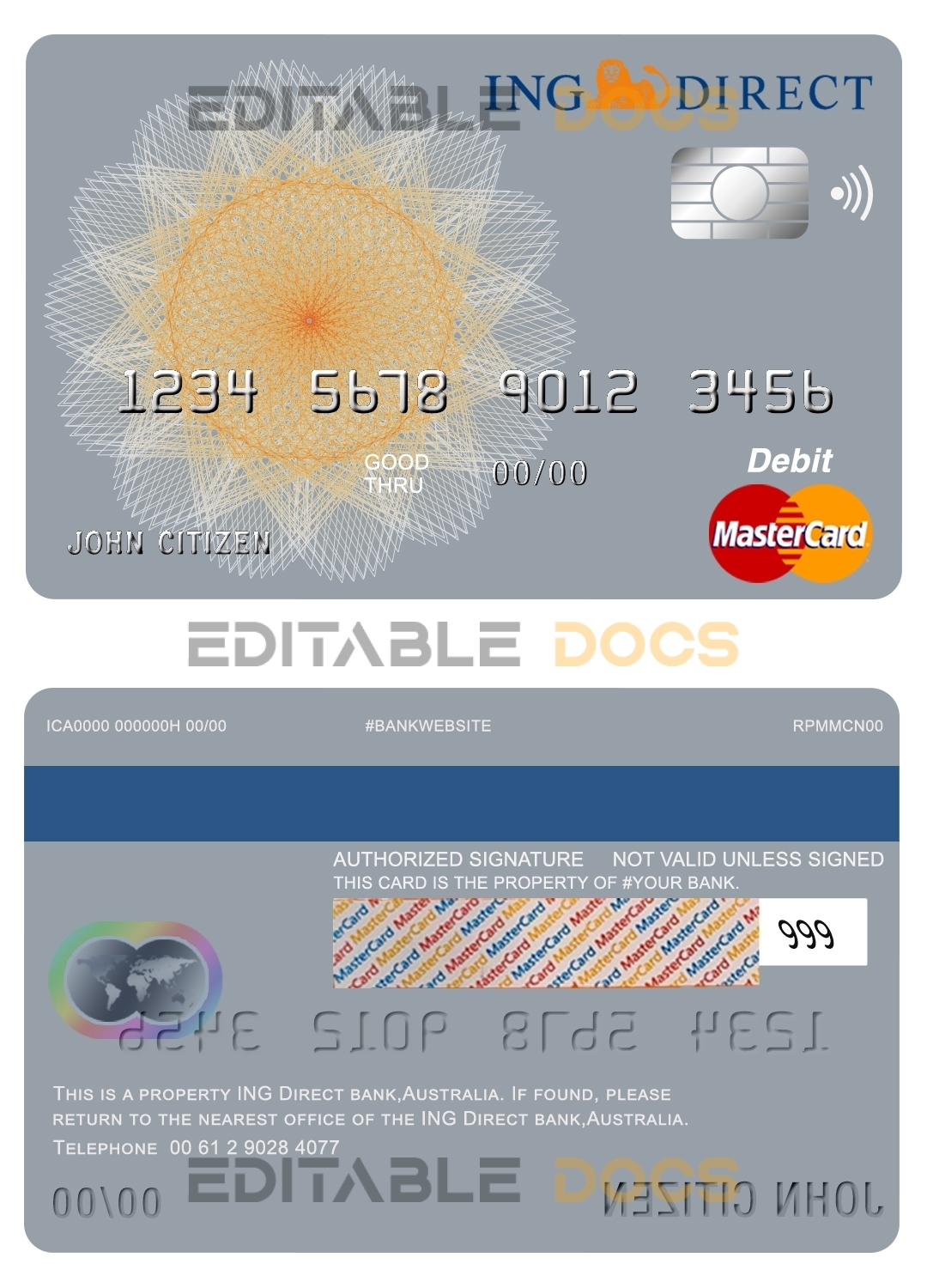 Fillable Australia ING Direct bank mastercard debit card Templates | Layer-Based PSD