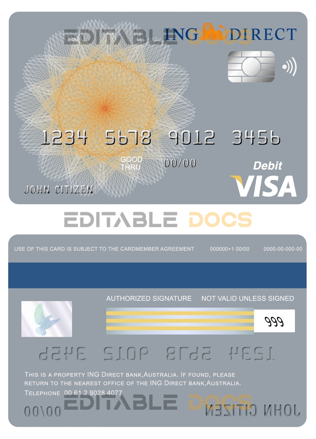 Editable Australia ING Direct bank visa card debit card Templates in PSD Format