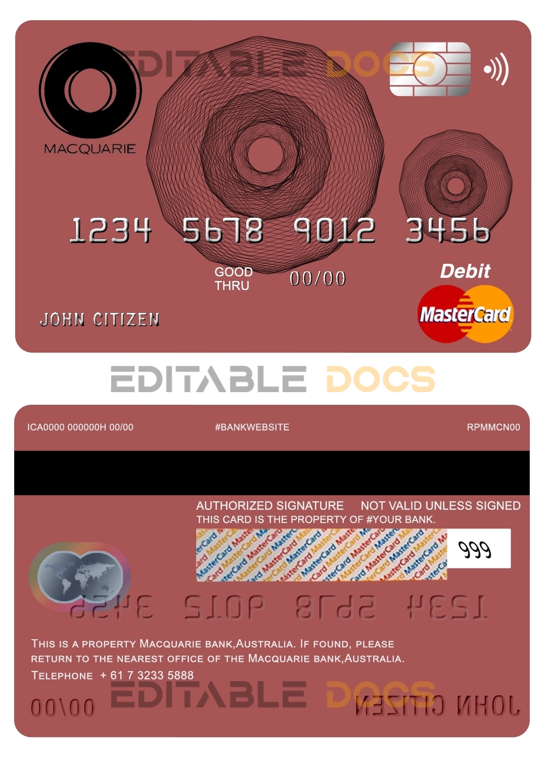 Fillable Australia Macquarie bank mastercard debit card Templates | Layer-Based PSD