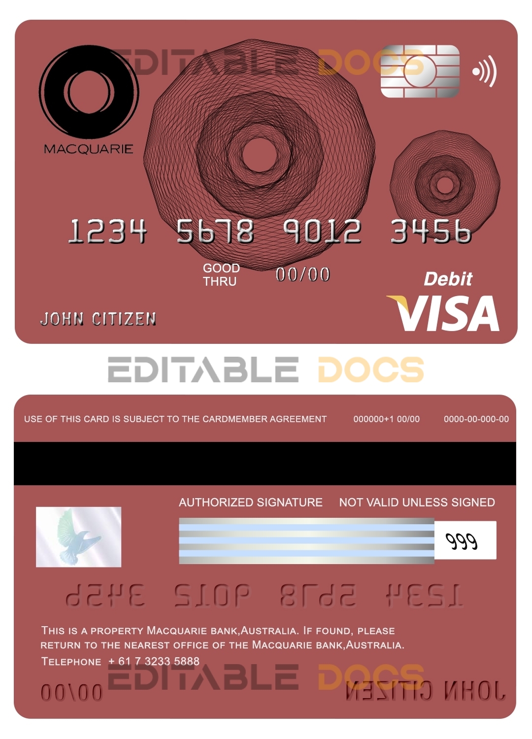 Editable Australia Macquarie bank visa card debit card Templates in PSD Format
