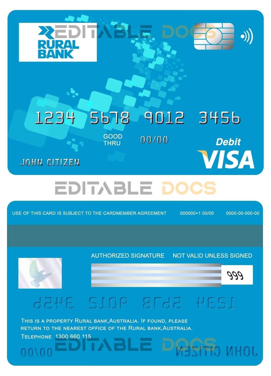Editable Australia Rural Bank visa card debit card Templates in PSD Format