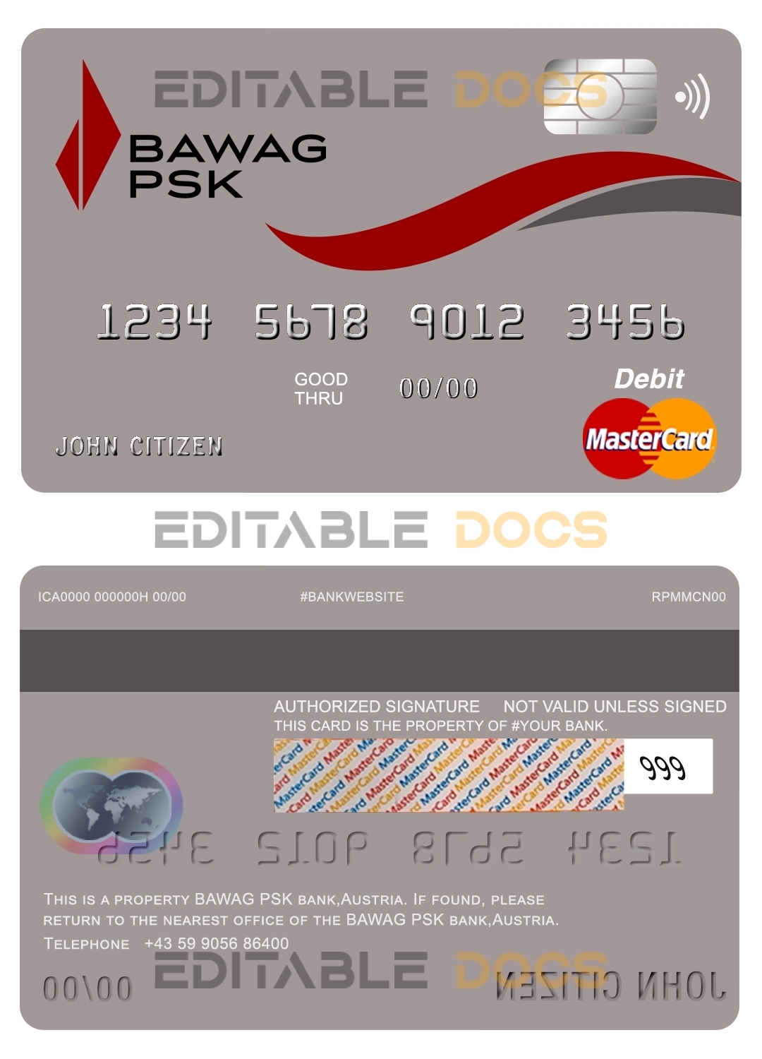 Fillable Austria BAWAG PSK bank mastercard debit card Templates | Layer-Based PSD