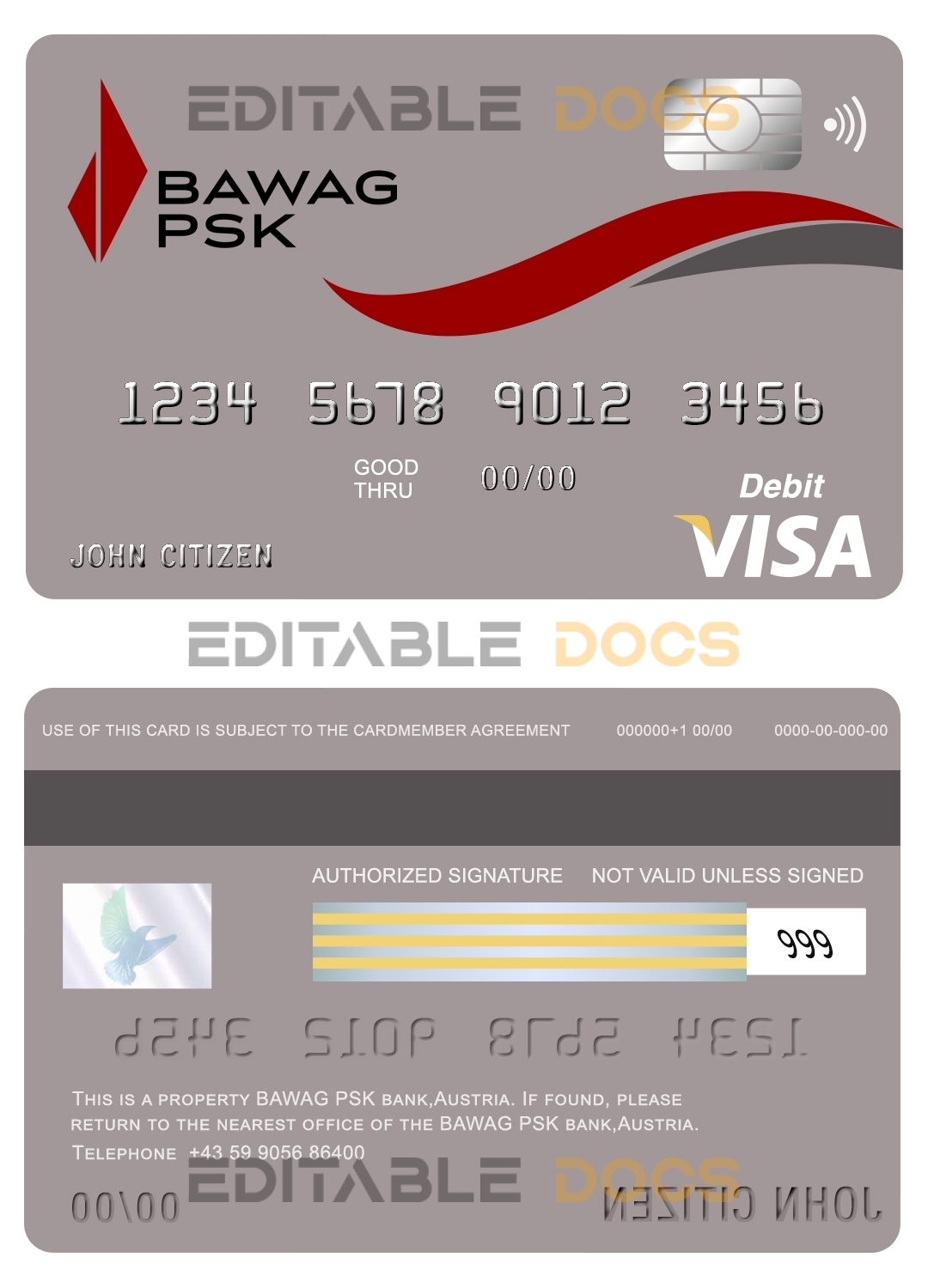 Editable Austria BAWAG PSK bank visa card debit card Templates in PSD Format