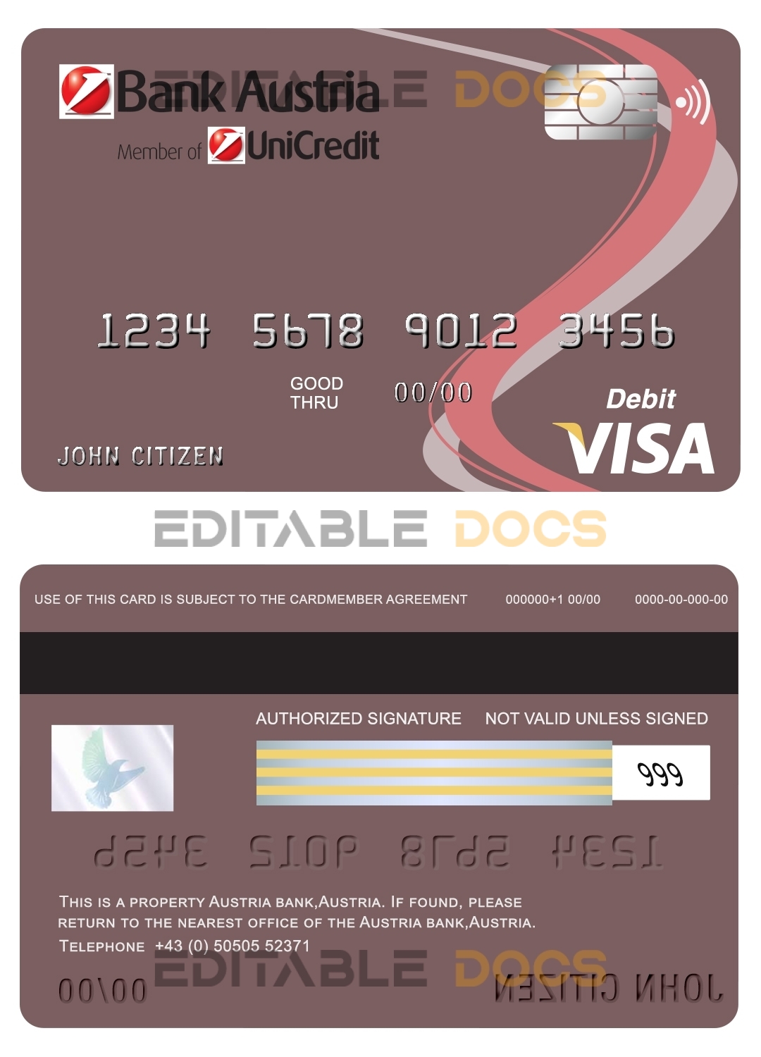 Editable Austria Bank Austria visa card debit card Templates in PSD Format