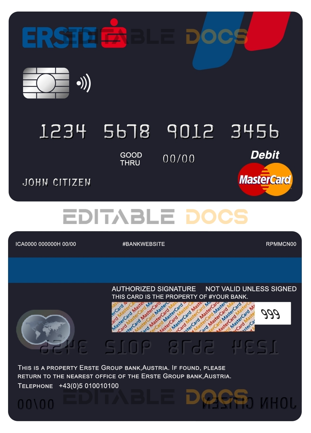 Fillable Austria Erste Group bank mastercard debit card Templates | Layer-Based PSD