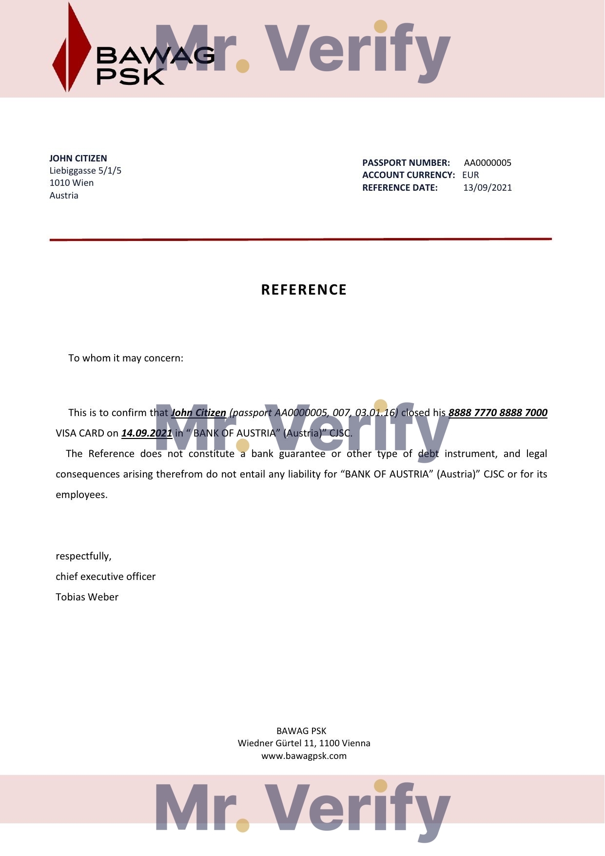 Download Austria BAWAG PSK Bank Reference Letter Templates | Editable Word
