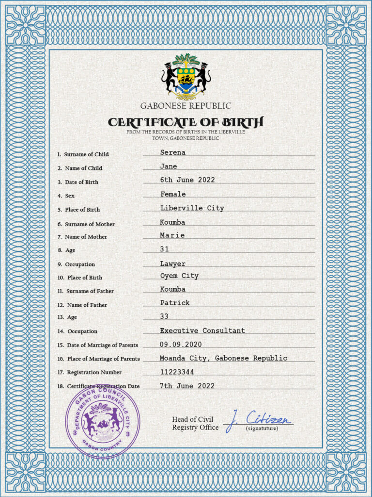 Authentic Gabon Birth Certificate Template | Customize and Download Online