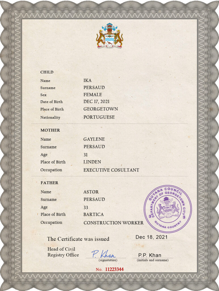 Authentic Guyana Birth Certificate Template Customize and Download Online