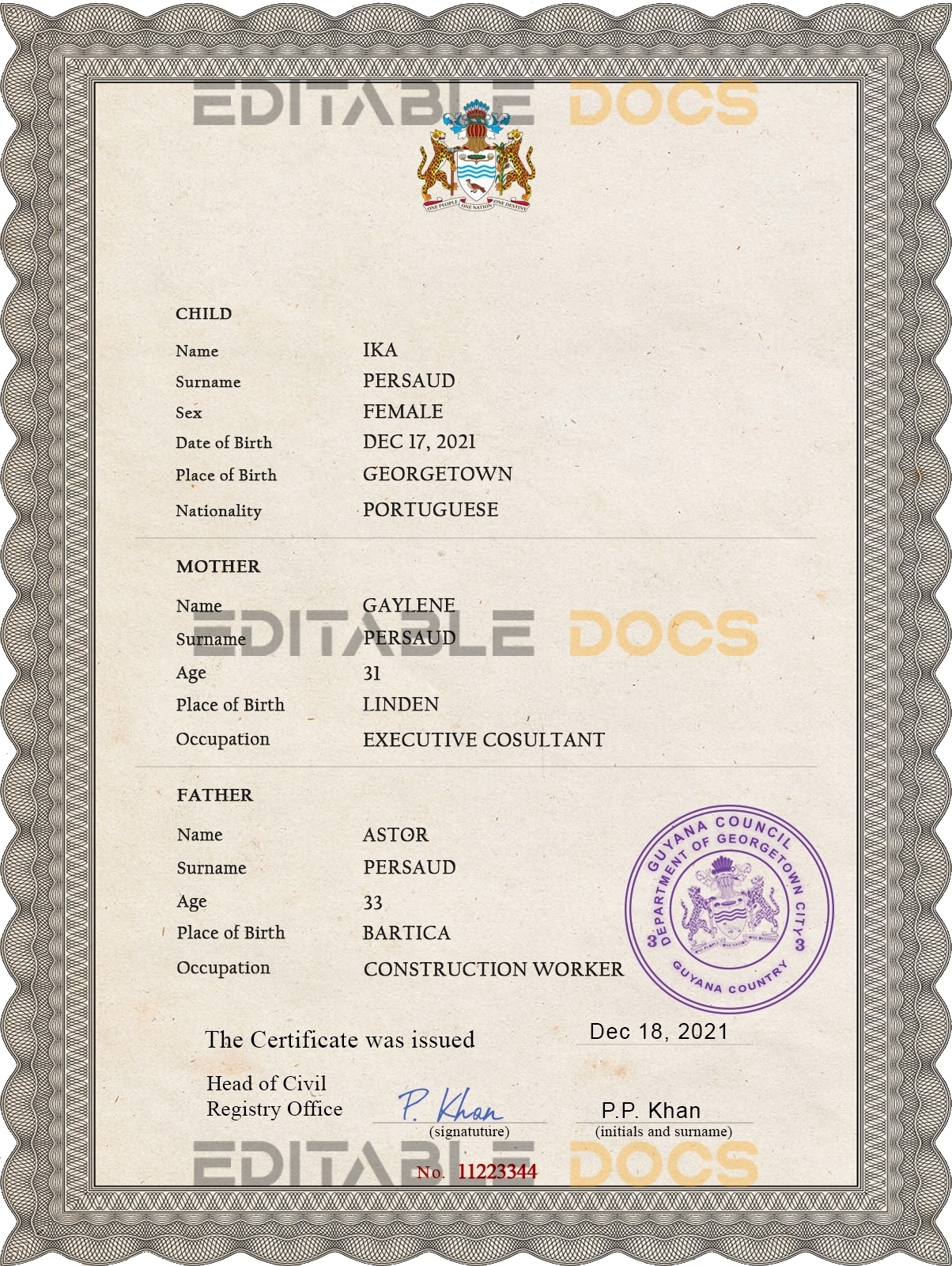 Authentic Guyana Birth Certificate Template | Customize and Download Online