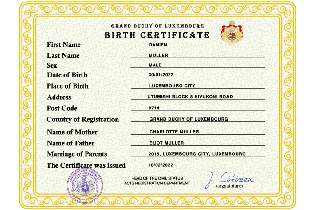 Authentic Luxembourg Birth Certificate Template | Customize and Download Online