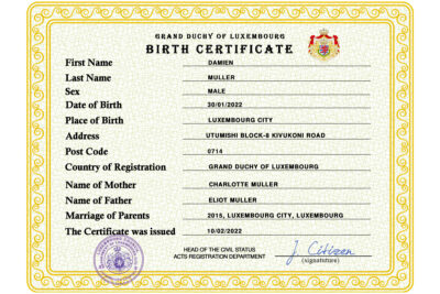 Authentic Luxembourg Birth Certificate Template | Customize and Download Online