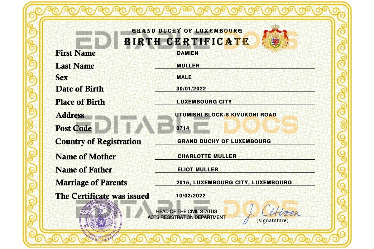 Authentic Luxembourg Birth Certificate Template | Customize and Download Online