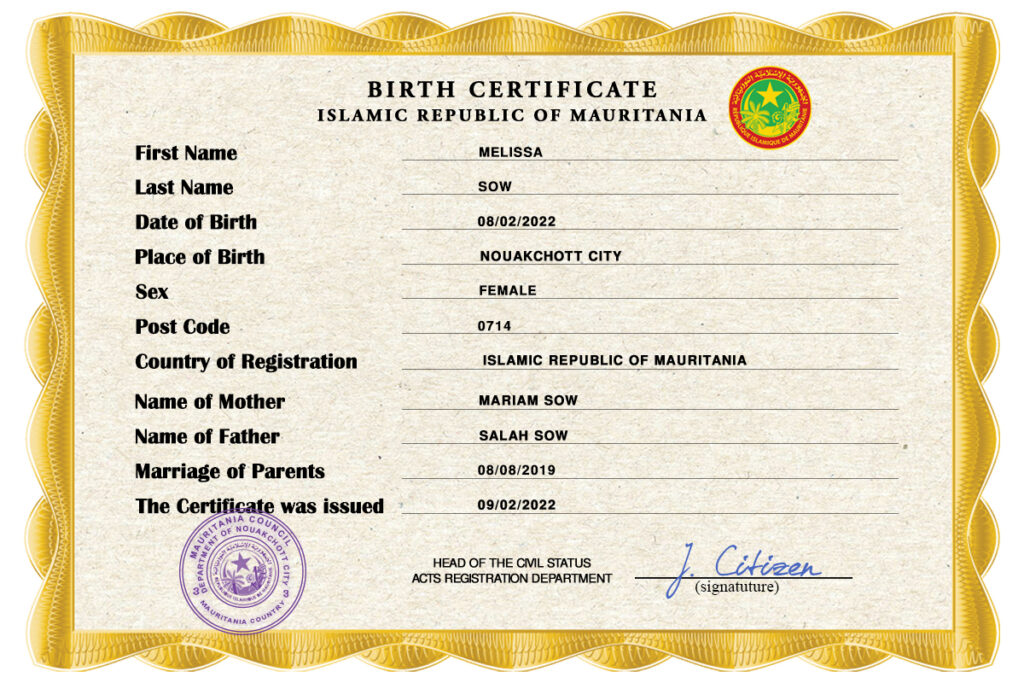 Mauritania birth certificate PSD template, completely editable